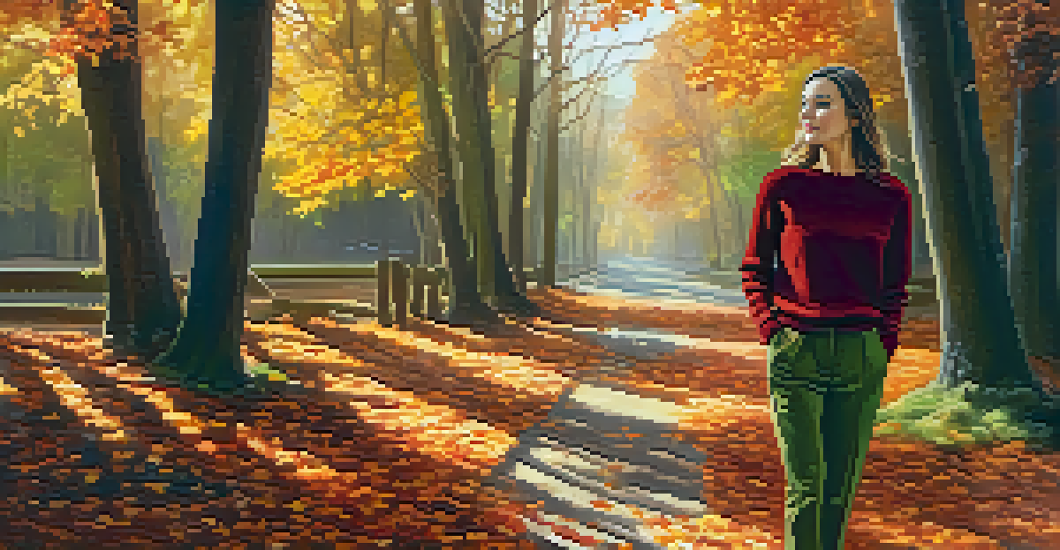 A model in a burgundy sweater and olive green pants stands among autumn leaves in warm colors, with soft sunlight filtering through trees.