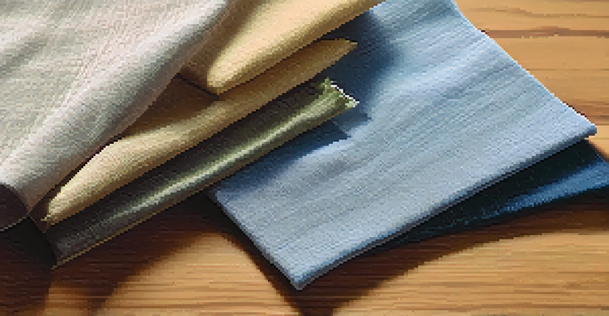 Close-up of various sustainable fabric swatches in natural colors and textures on a wooden table.