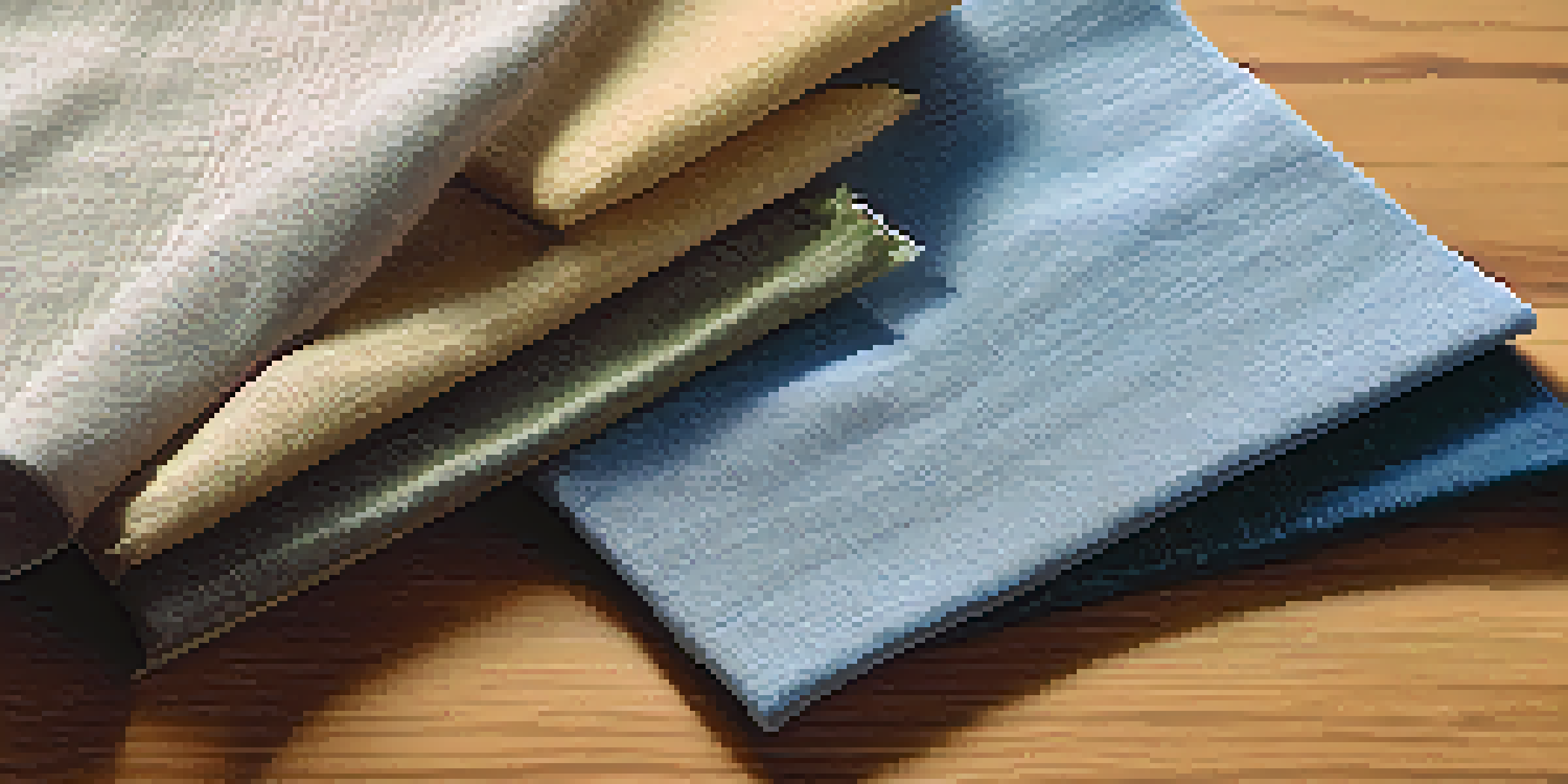Close-up of various sustainable fabric swatches in natural colors and textures on a wooden table.