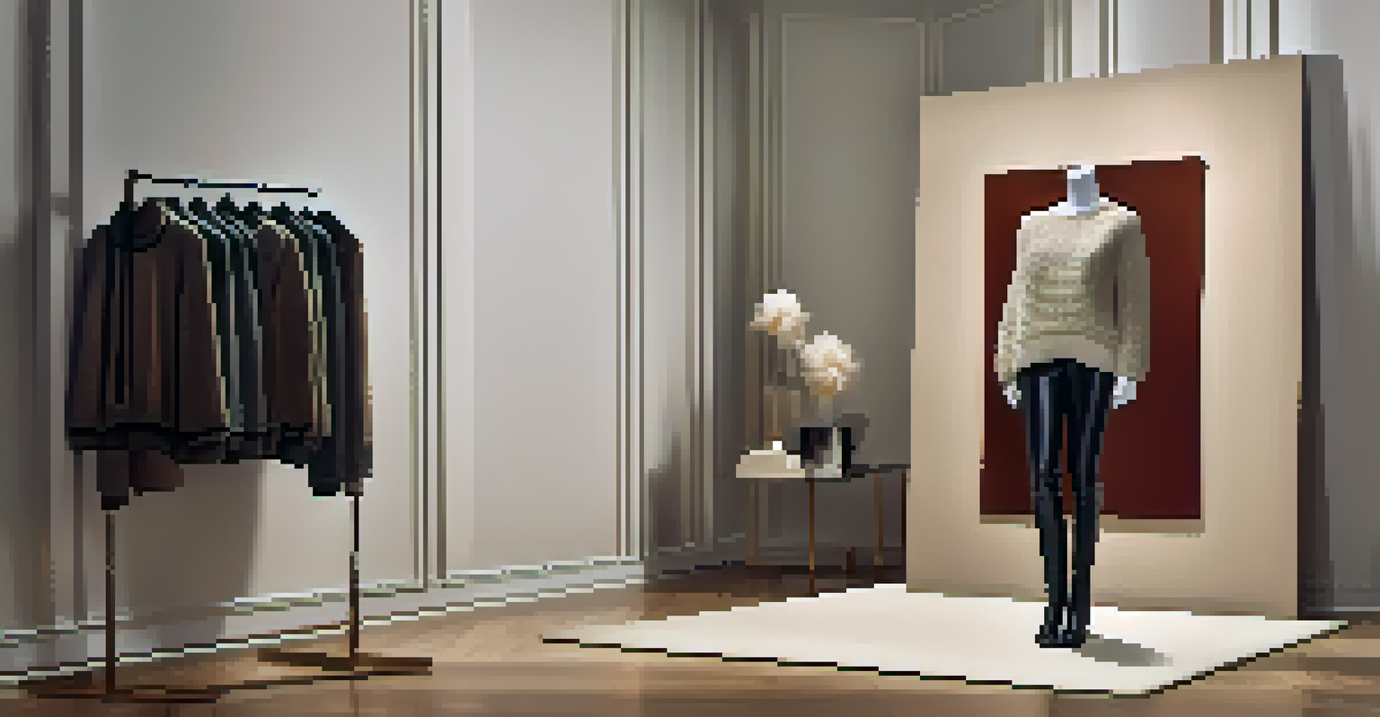 A fashion display showcasing a chunky knit sweater and sleek leather pants on a mannequin, set against a softly lit background.