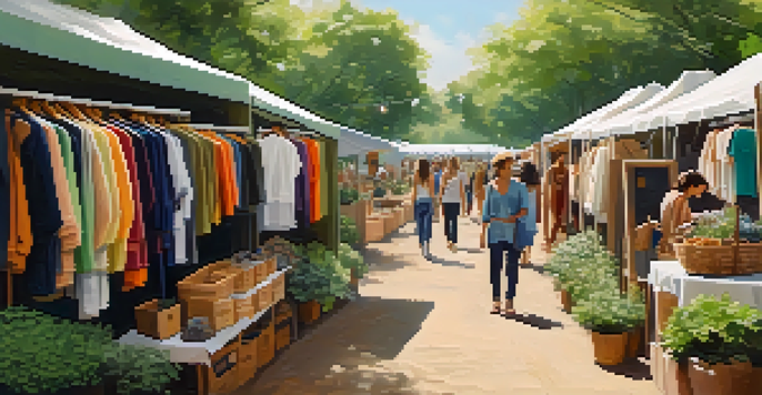An outdoor sustainable fashion market with colorful stalls and shoppers browsing organic clothing surrounded by greenery.