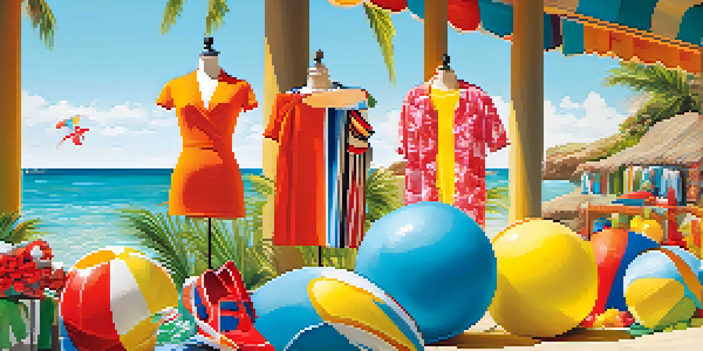 A colorful retail display featuring summer clothing on mannequins, surrounded by beach-themed accessories like beach balls and sunglasses, set against a sunny beach background.