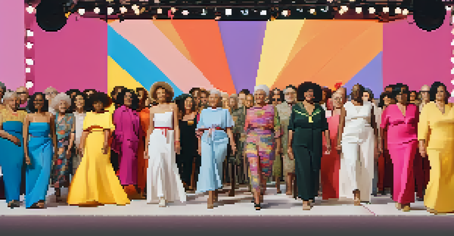 Older models on a fashion show stage displaying inclusive fashion, with a colorful backdrop and an applauding audience.