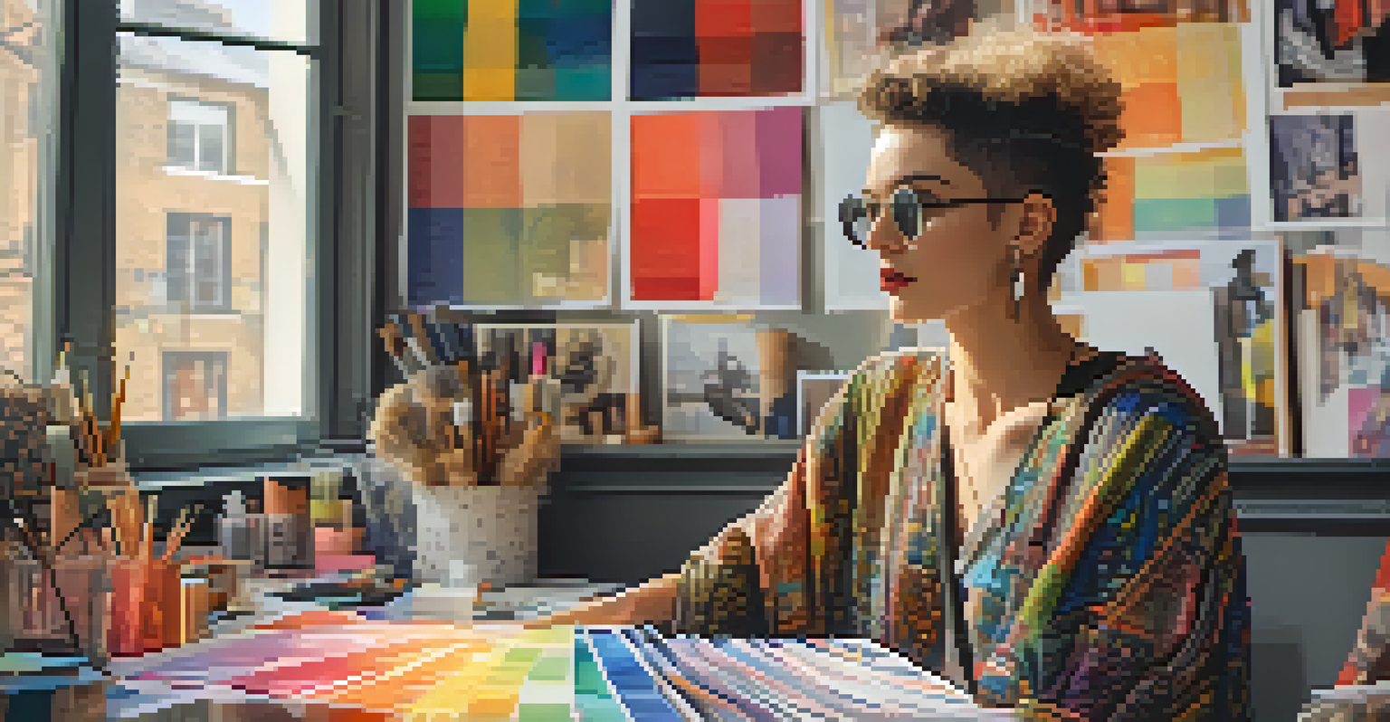 A queer fashion designer in a studio, surrounded by sketches and fabrics, wearing an avant-garde outfit in warm natural light.