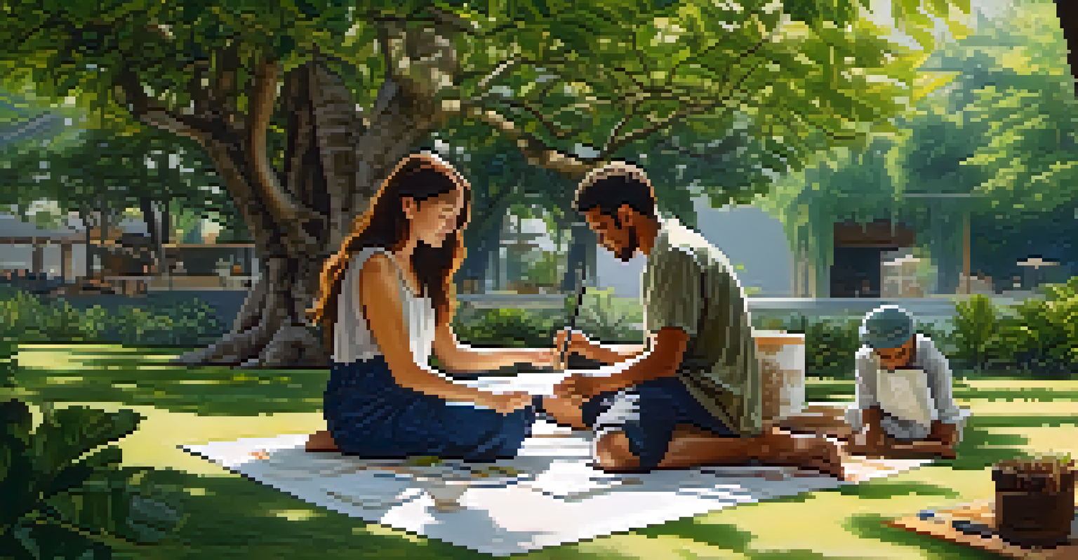 A designer and artisans sketching fashion designs under a tree in a peaceful outdoor setting, surrounded by greenery.