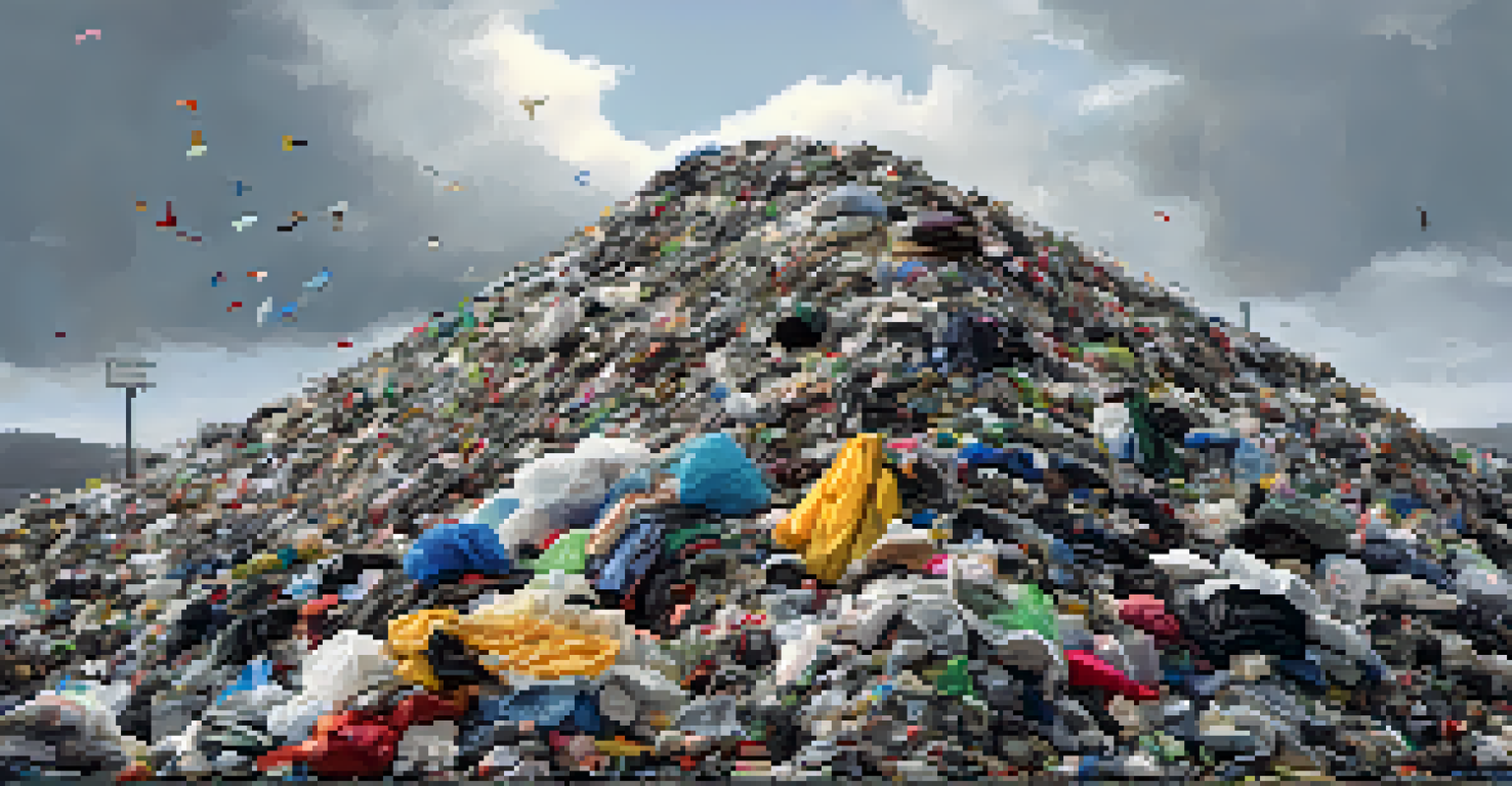 A landfill filled with textile waste, illustrating the environmental consequences of fast fashion, with a sign promoting recycling.
