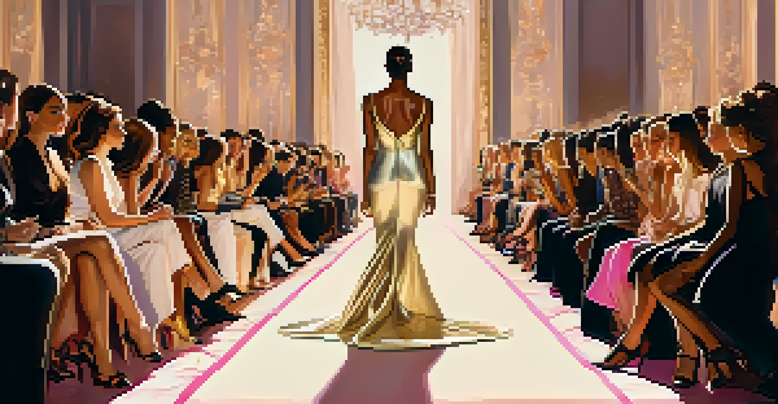 A fashion runway displaying models of different gender identities in luxurious, gender-fluid designs, illuminated by ambient lighting that enhances the rich fabrics.