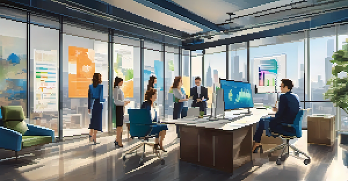 A diverse group of fashion PR professionals analyzing data in a modern office, with charts on the screen and natural light coming through the windows.