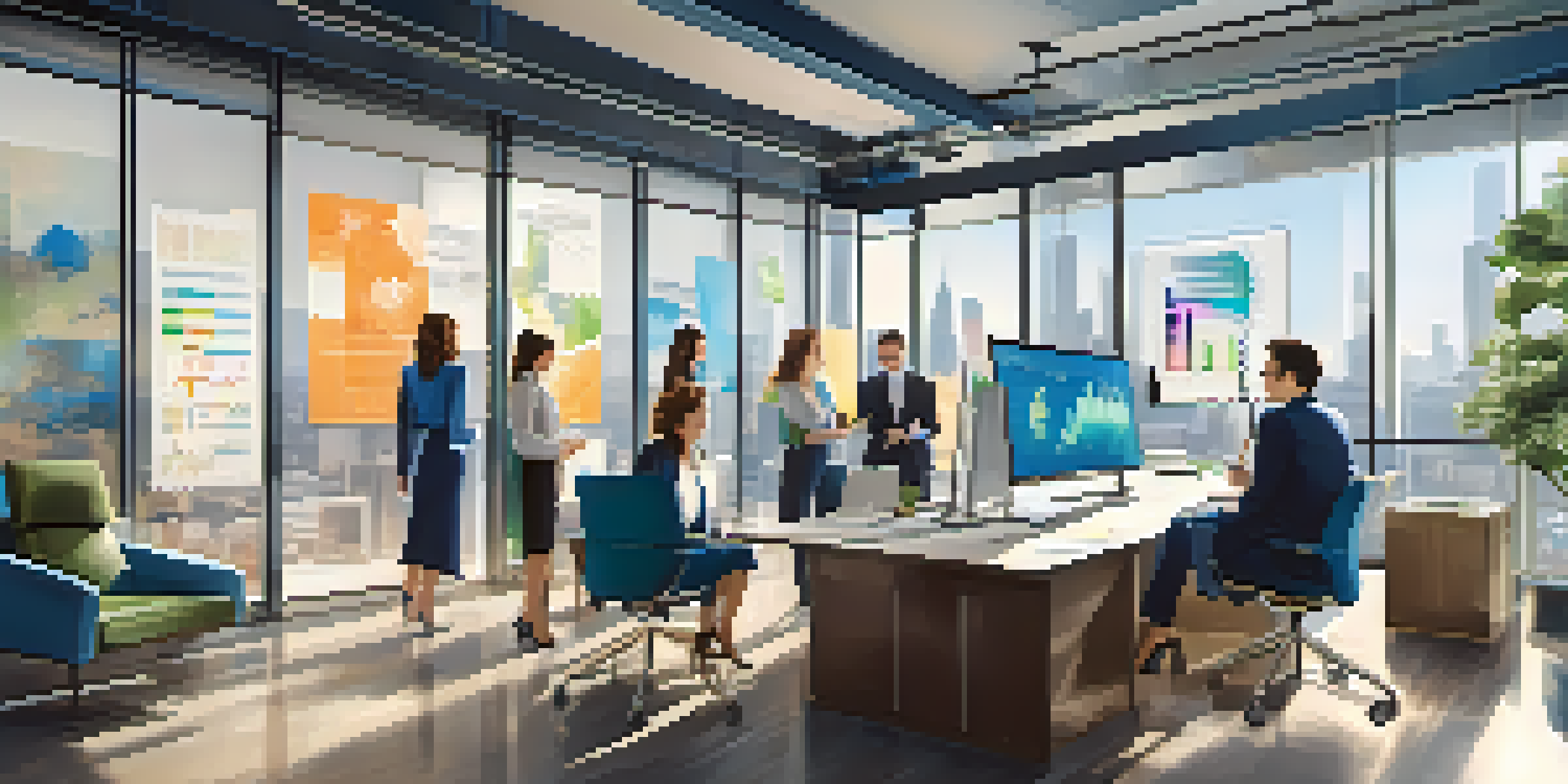 A diverse group of fashion PR professionals analyzing data in a modern office, with charts on the screen and natural light coming through the windows.