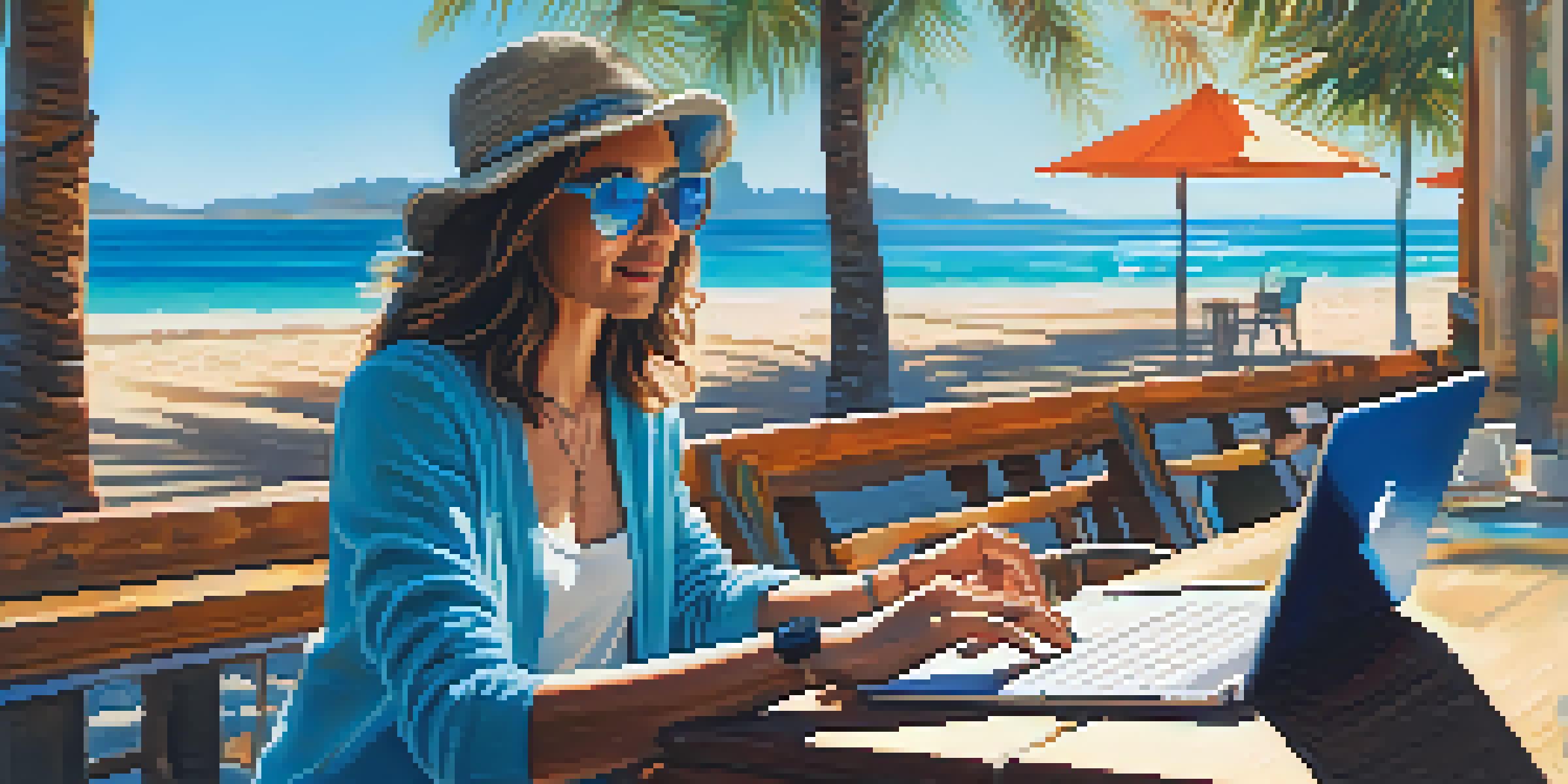 A person working on a laptop at a beachside cafe with palm trees and the ocean in the background, wearing a light outfit and cardigan.