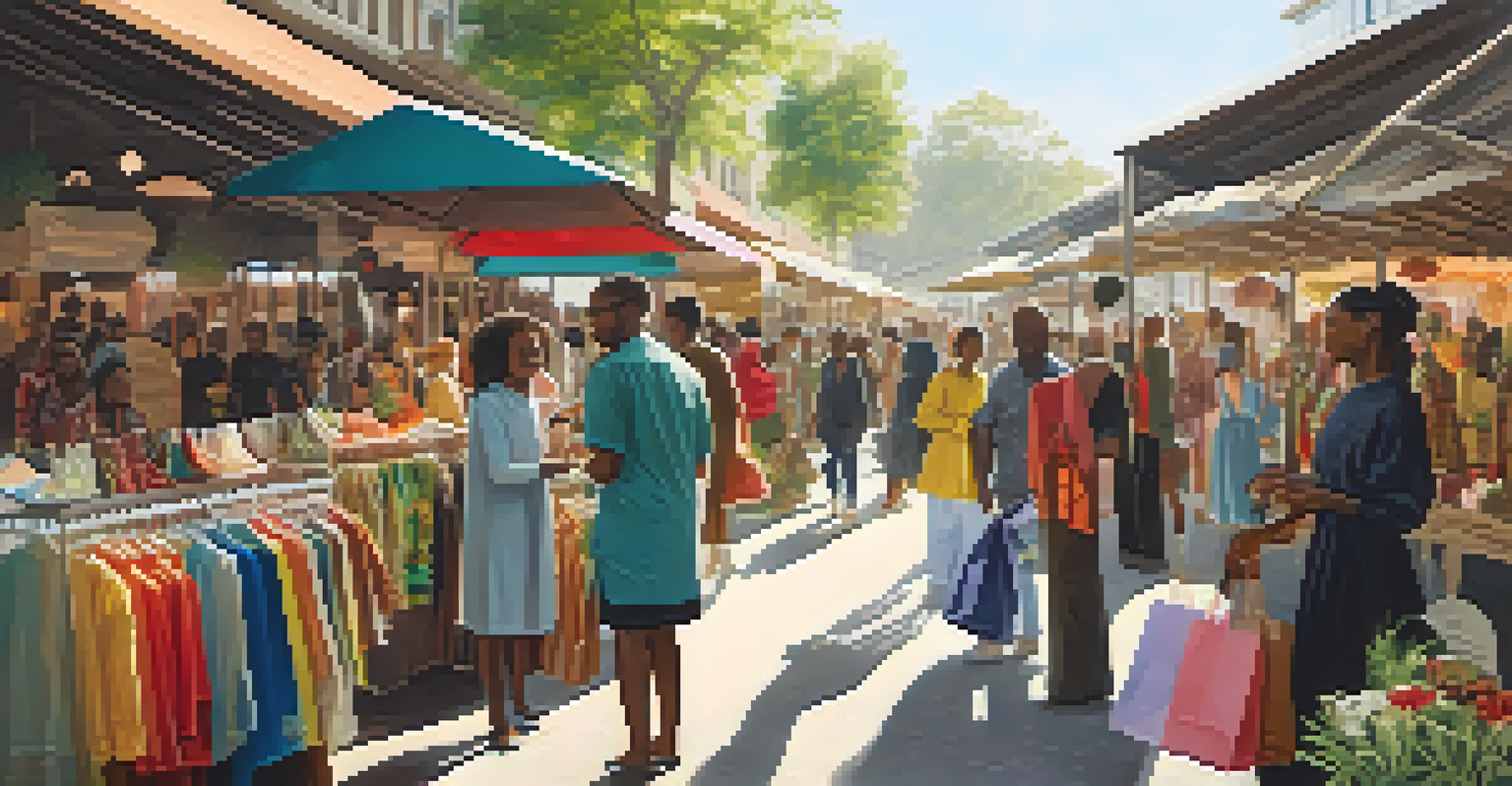 A diverse group of shoppers enjoying an ethical fashion market with colorful stalls.