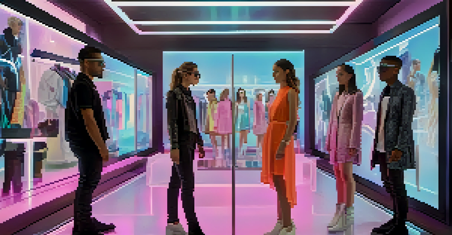 Young people using augmented reality technology to try on virtual fashion in a stylish setting.