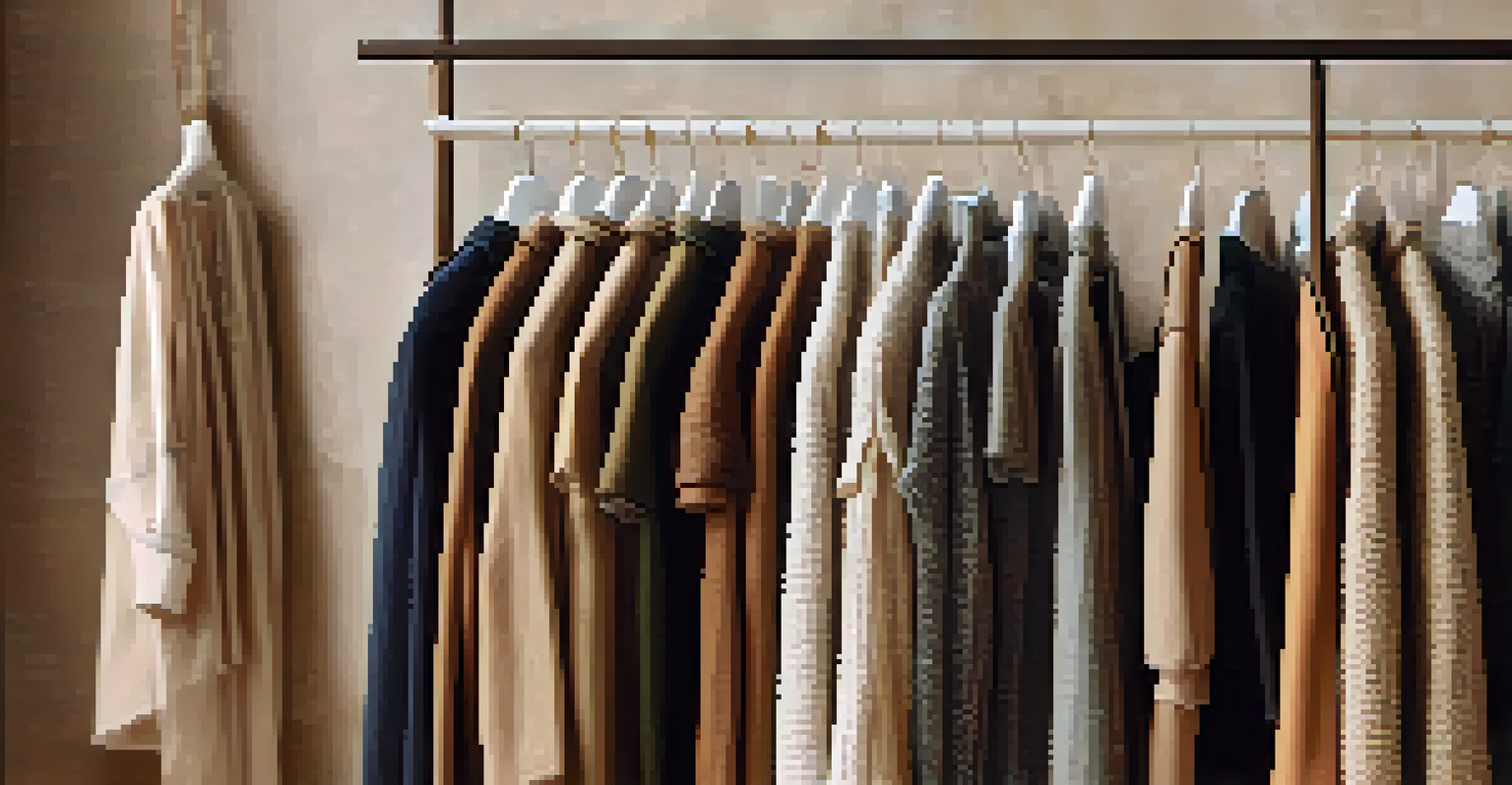 A detailed view of a clothing rack filled with sustainable fashion items in earthy colors, with tags indicating their eco-friendly nature.
