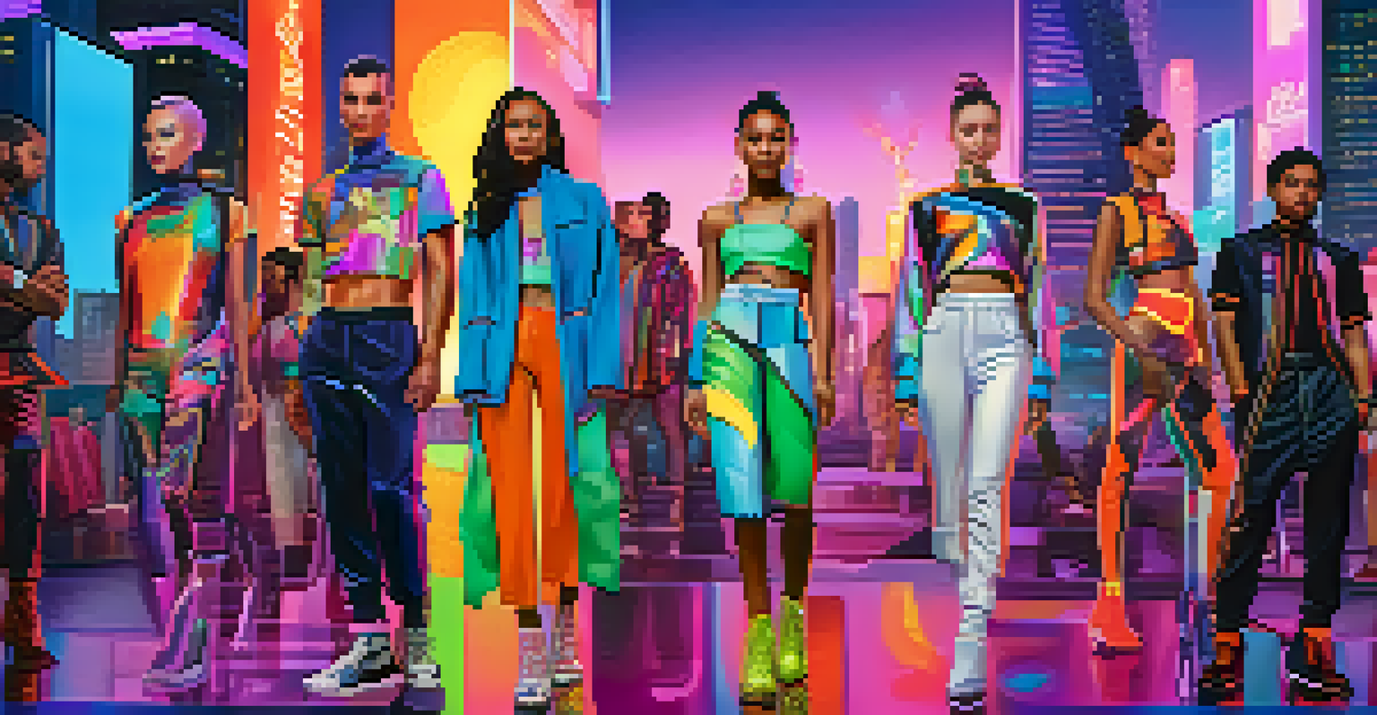 Avatars in a digital world wearing creative virtual clothing against a futuristic city backdrop.