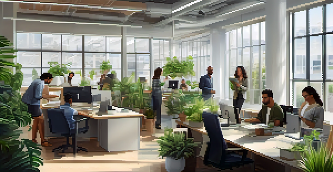 A diverse group of employees in casual clothing working together in a bright modern office with plants and natural light.
