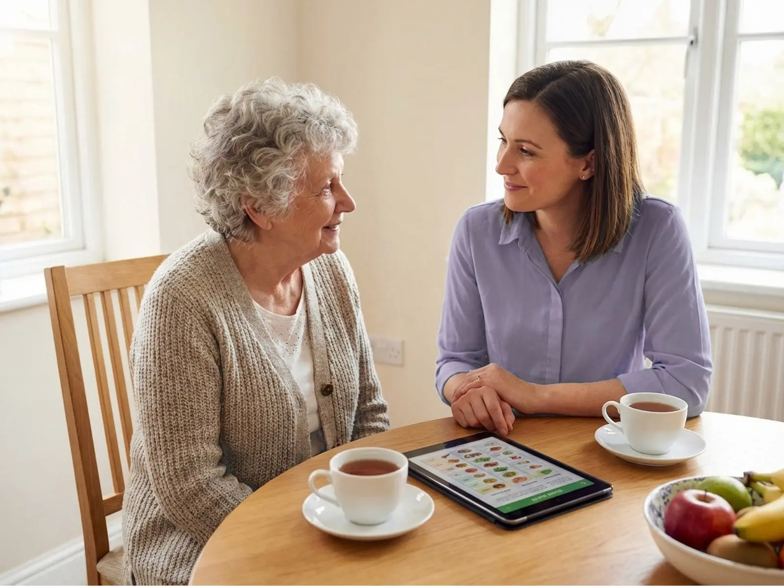 Woman sits with adviser, relaxed talking about nutrition plan
