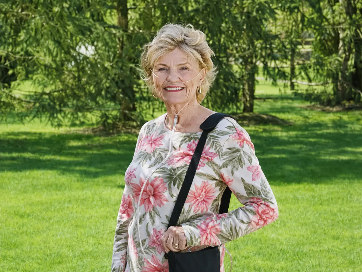 Woman smiles in park with oxygen