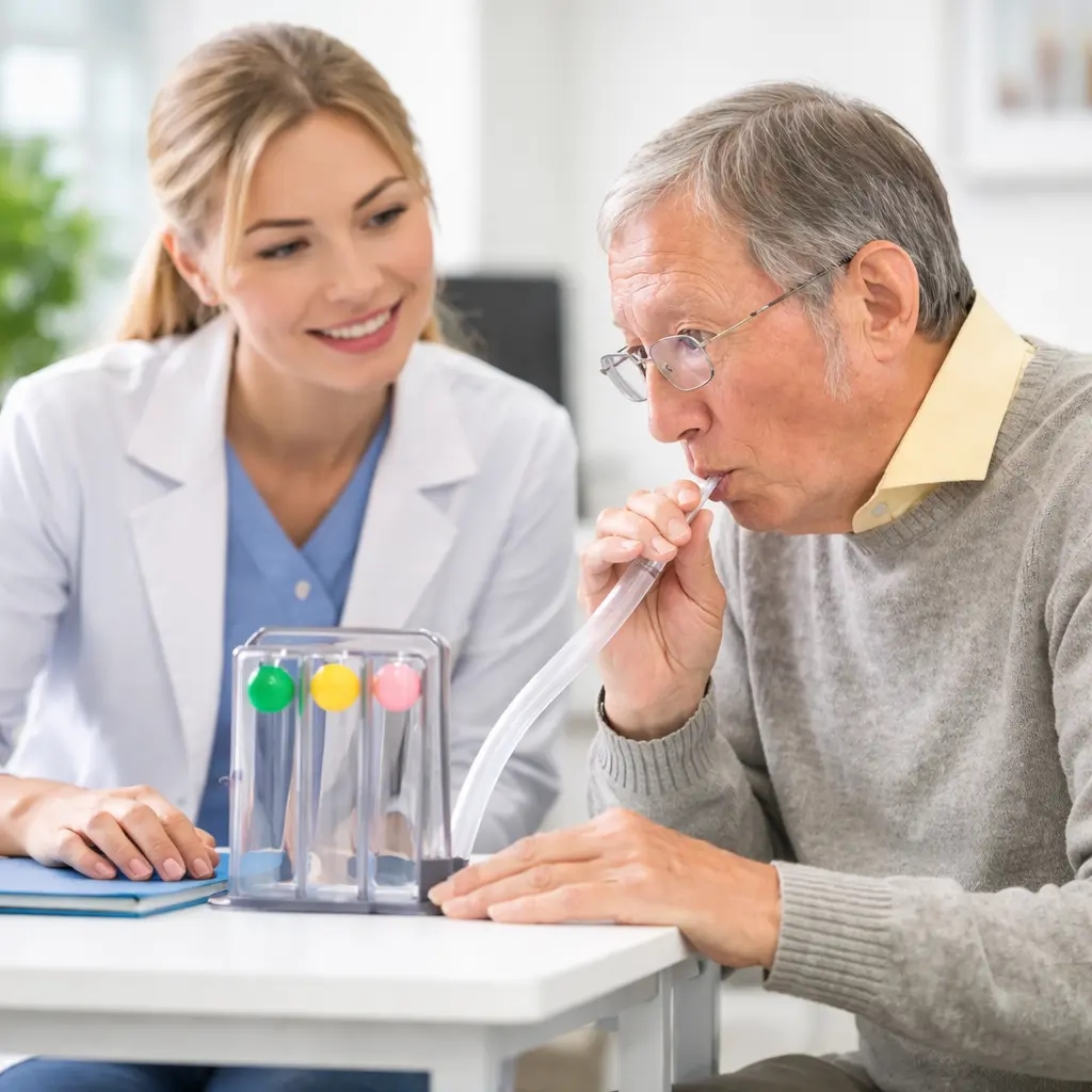 older man blowing into a respiratory device for monitoring oxygen levels