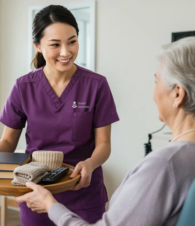 nurse providing comfort items to older woman
