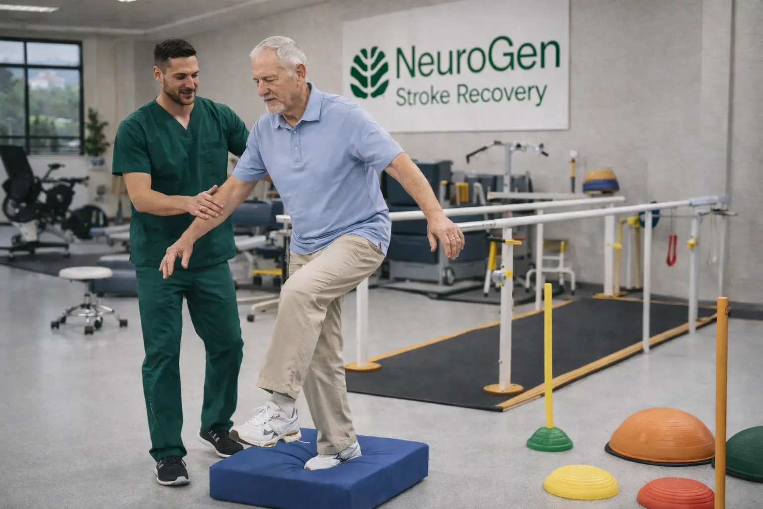 older man doing a balancing exercise as part of NeuroGen Stroke Recovery