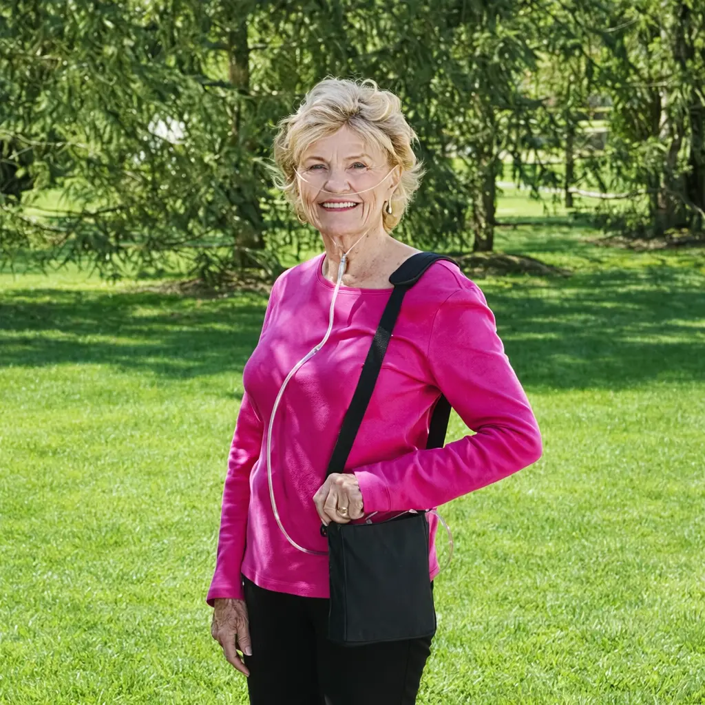 Woman smiles in park with oxygen