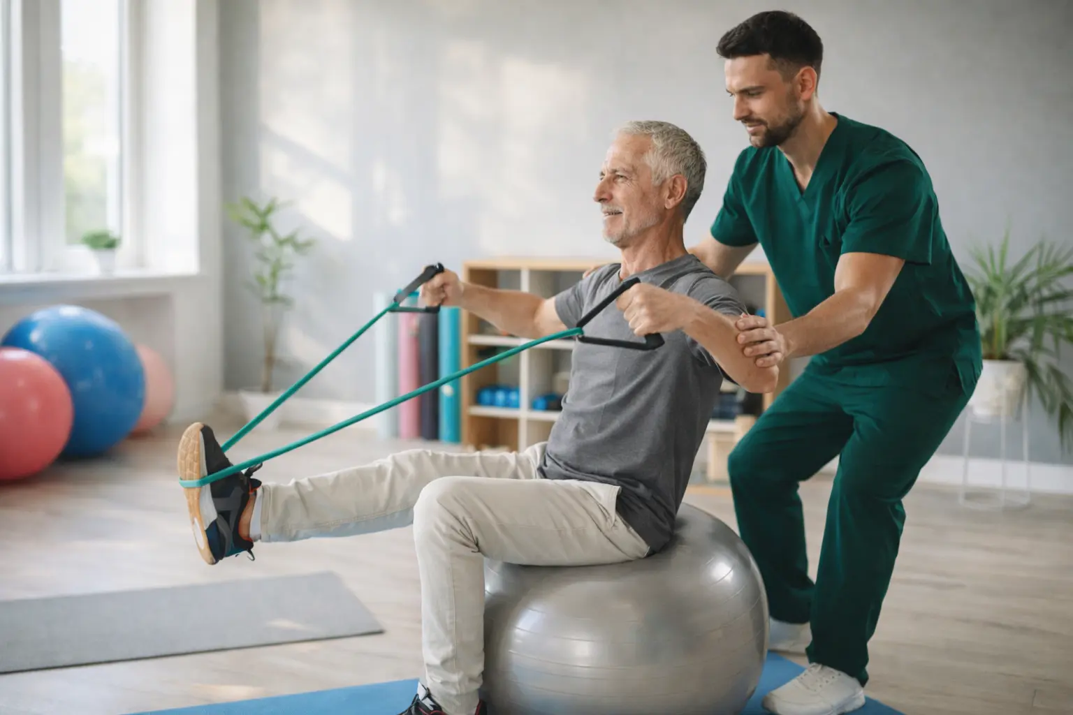older man on ball stretching leg with elastic straps as part of an orthopedic rehab exercise