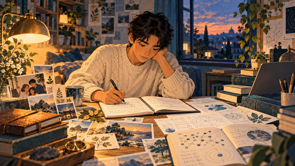 A student organizes personal memories and academic research notes for application statements.