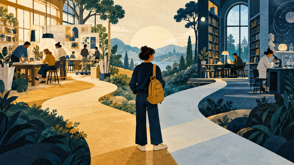 A young adult considers paths toward a practical studio and a research library and laboratory.