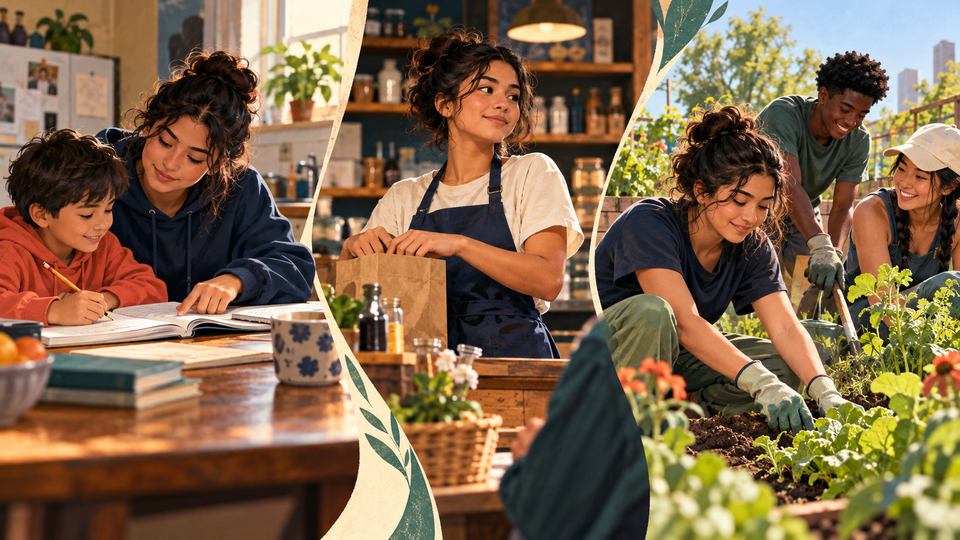 Illustrated scenes show a student helping family, working in a shop, and contributing to a community garden.
