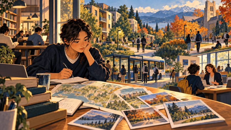 An international student studies an unlabelled campus map surrounded by illustrated scenes of housing, a bus stop, a leafy walkway, and welcoming university support.