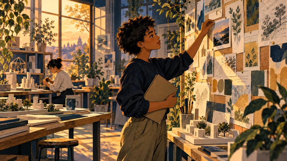 A graduate student organizes a portfolio of project sketches and academic records on a studio pinboard, detailed hand-drawn editorial illustration in warm gold cream and deep navy teal.
