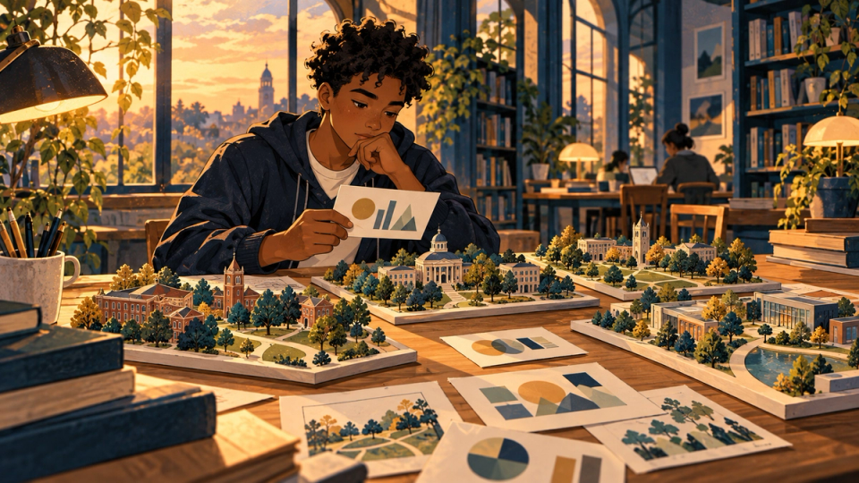 A student compares different campus models and information at a warm library desk.