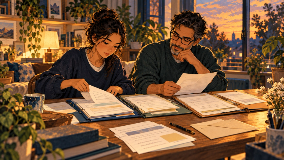 An international applicant and parent organize financial papers into three folders at a warm home study table.