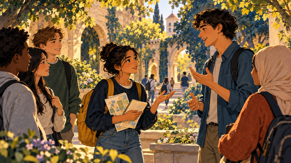 A thoughtful student at a campus information session taking notes and asking a substantive question, with a warm library background and abstract event cards, detailed navy-gold textured editorial illustration, no readable text.