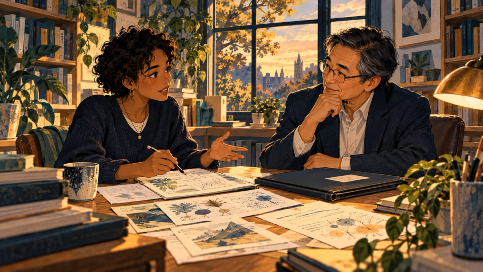 A student and teacher discuss academic work and recommendation materials in an office.