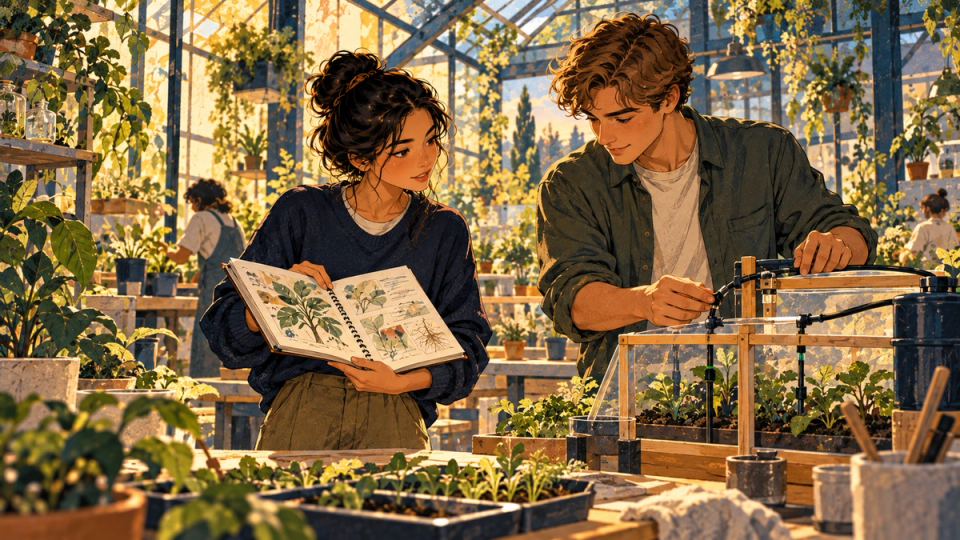 Two students compare a field-research notebook and a collaborative design prototype in a campus greenhouse workshop, richly detailed textured illustration warm gold cream navy teal.