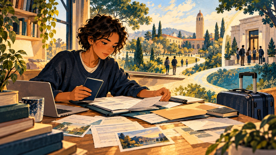 An international student organizes documents for university immigration and travel procedures.