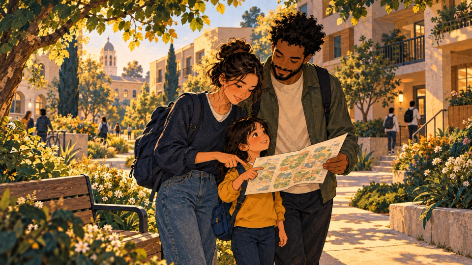 An adult student and spouse walk with their child through a welcoming campus-family-housing courtyard in golden autumn light.