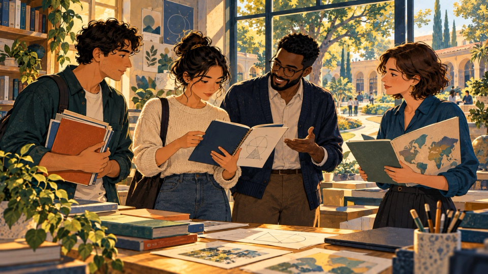 Three international students compare different secondary-school subject folders with a counselor in a warmly lit classroom.