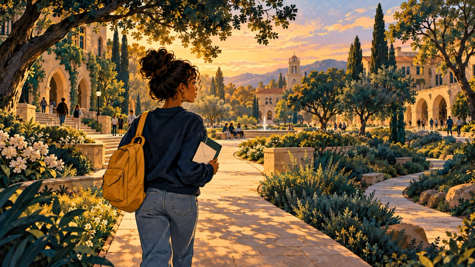 A student calmly maintaining two college planning folders at a sunlit desk, one open toward a welcoming campus and one awaiting news, a hopeful window scene, detailed textured navy-gold editorial illustration, no readable letters or dates.