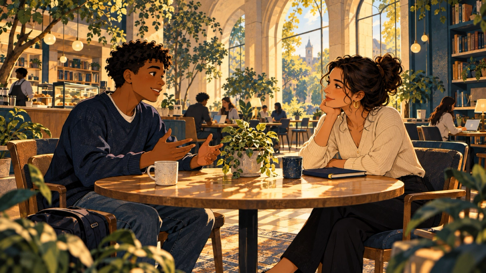 A college applicant and an alumni interviewer having a thoughtful conversation across a small table in a leafy library café, warm golden light, navy and teal details, textured hand-drawn editorial illustration, no readable text or logos.