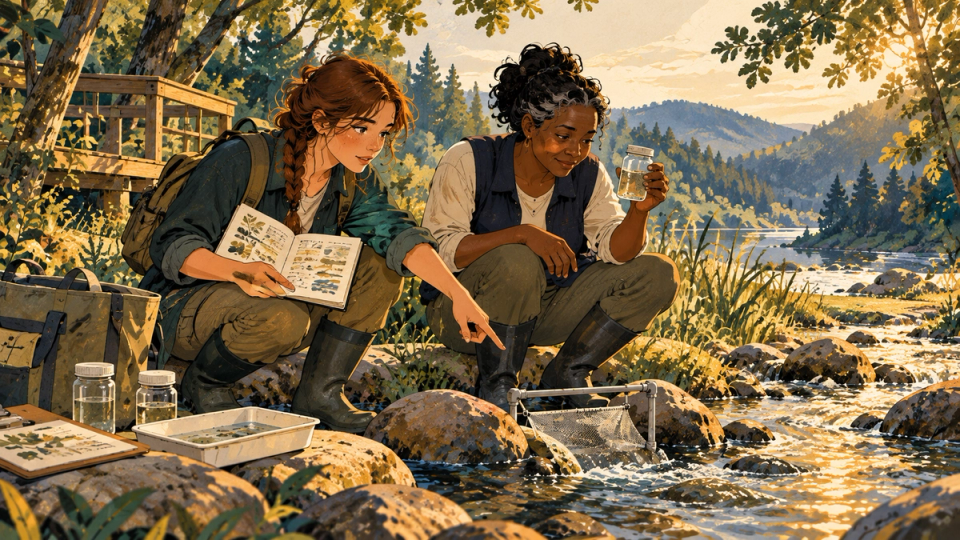A student and mentor inspect field-sample notes beside a stream research station, data sketches and natural observations, no readable text, detailed warm gold cream navy teal hand-drawn story illustration.