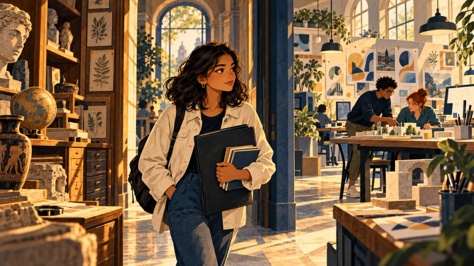 A student moves from a museum archive of illustrated historical objects toward a collaborative computing studio through an inviting campus passage, richly textured hand-drawn warm gold cream navy teal scene.