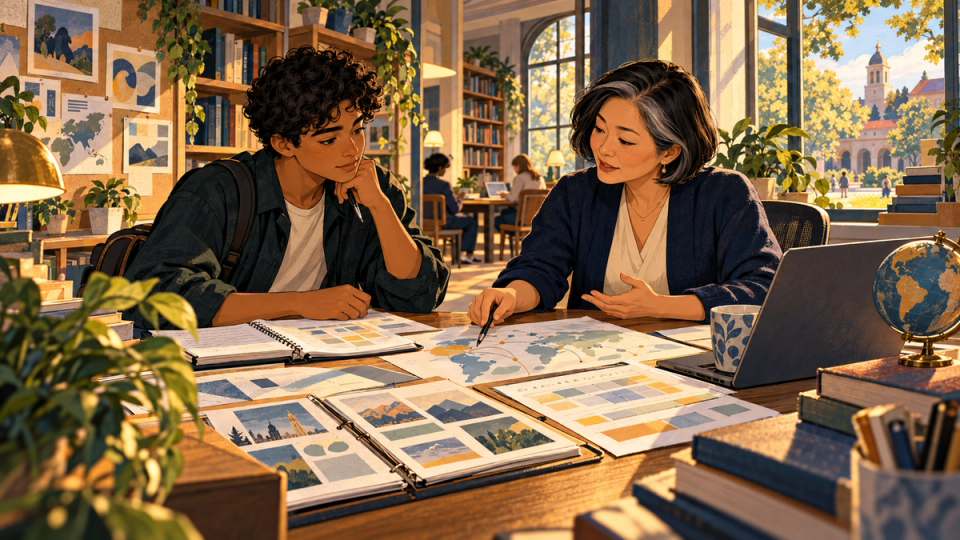 An international student and school official build an accurate school profile together at a classroom desk with books, simple charts, and course folders.