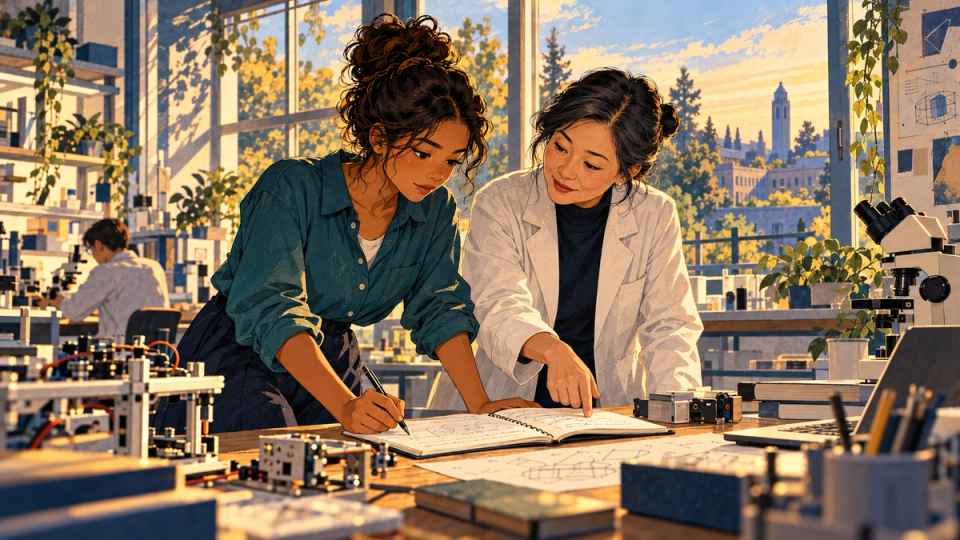 An adult international student discusses a supervised research and practical-training plan with a mentor in a warm campus laboratory, with abstract diagrams and no employment promises.