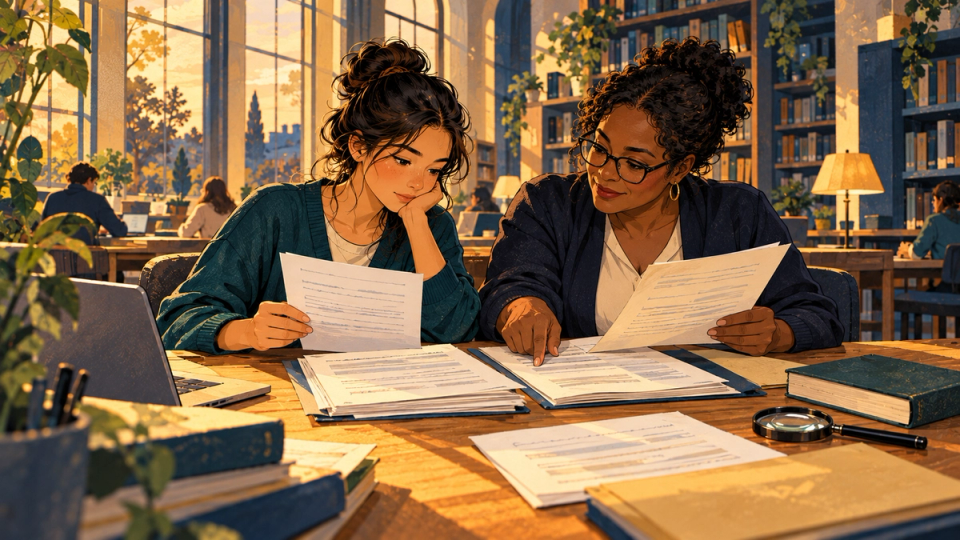 An international applicant and advisor pair academic documents with translations.