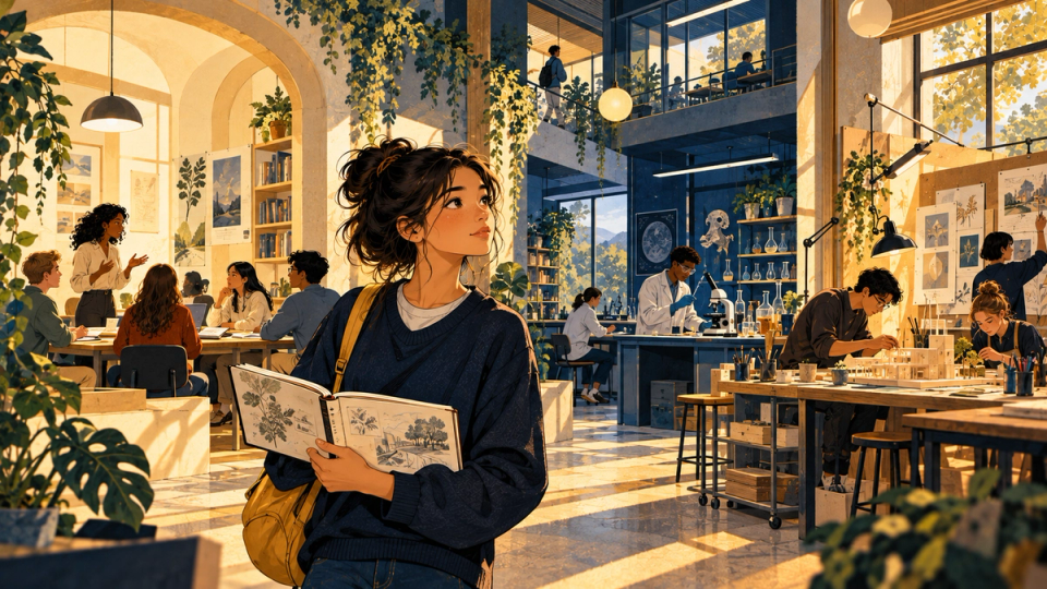 A curious teenager exploring several connected campus learning spaces including a writing seminar, science bench, and design studio, pausing at a warm open courtyard, navy-gold textured editorial illustration, no signs or readable text.