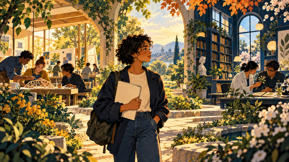 A graduate student studies two illustrated campus journeys across autumn spring and summer in an open garden pavilion, seasonal light and learning scenes, detailed textured warm gold cream deep navy teal illustration.