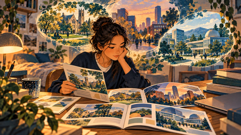 A student considers university brochures and several possible campus paths.