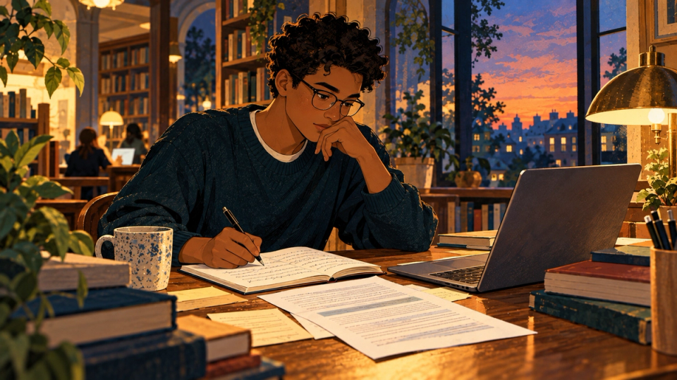 An applicant develops their own writing while consulting application guidance in a warm library.